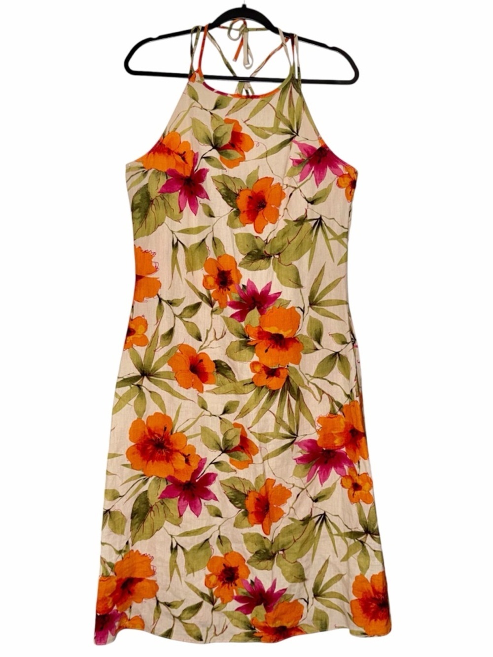 100% Linen Floral Halter Summer Dress in Orange & Pink Size Medium
